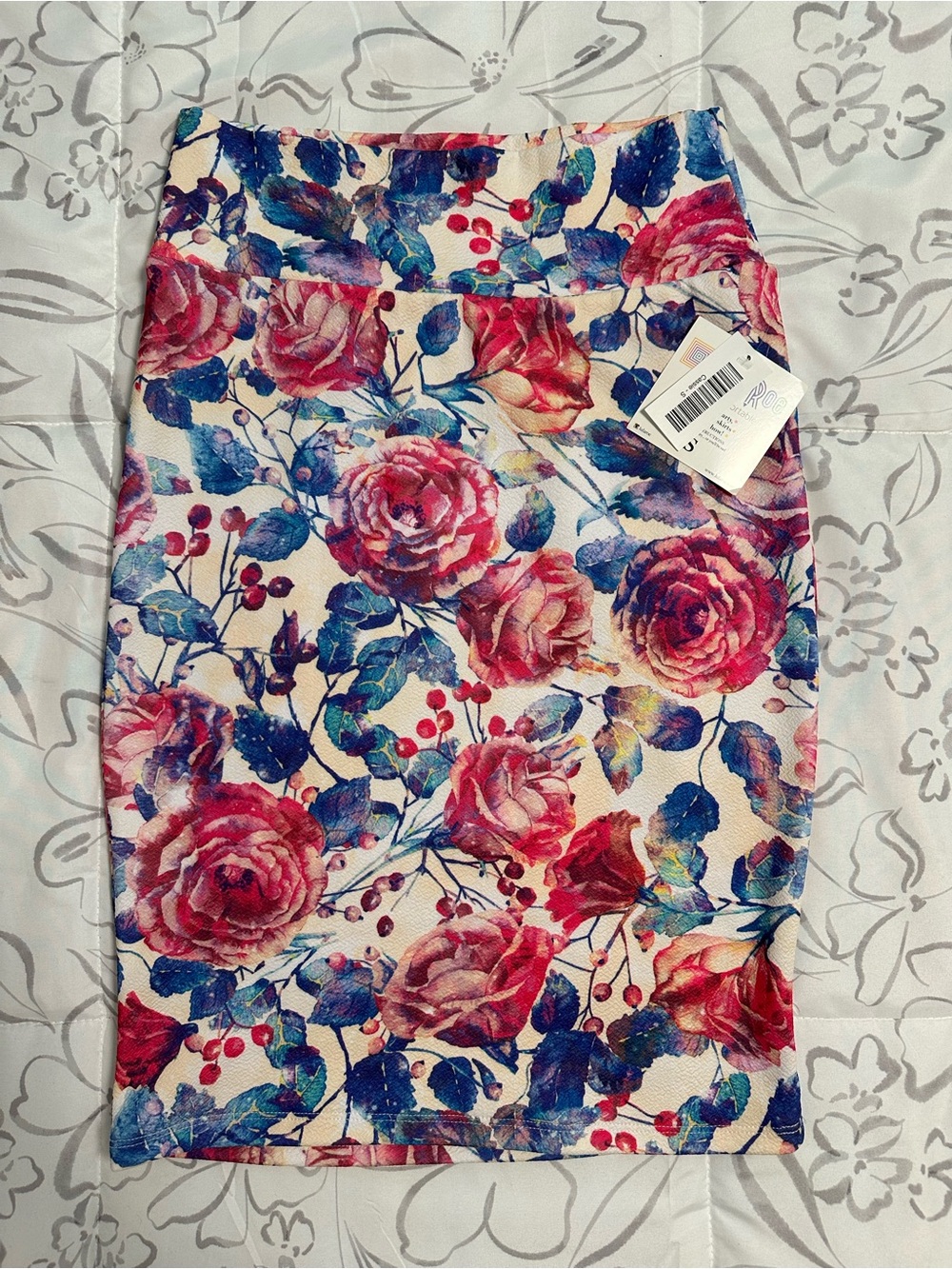 LuLaRoe Floral Pencil Skirt in Pink, Blue and Cream